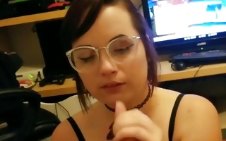 View my GF in glasses nicely licking and devouring weiner