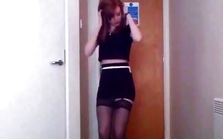 Inviting admirer in astounding skirt gets out of clothes dancing